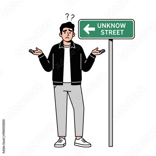 Confused man standing next to a street sign pointing to unknown street.
