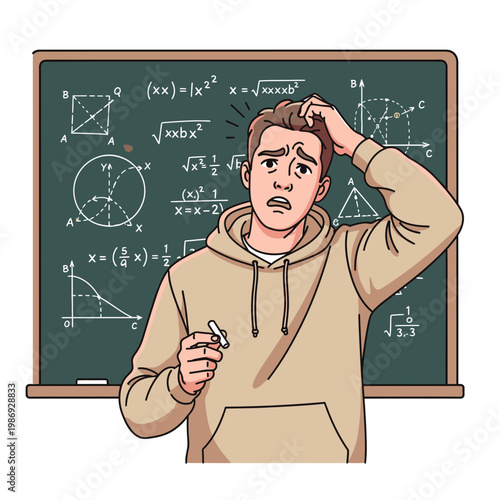 Confused student scratching head in front of math blackboard.