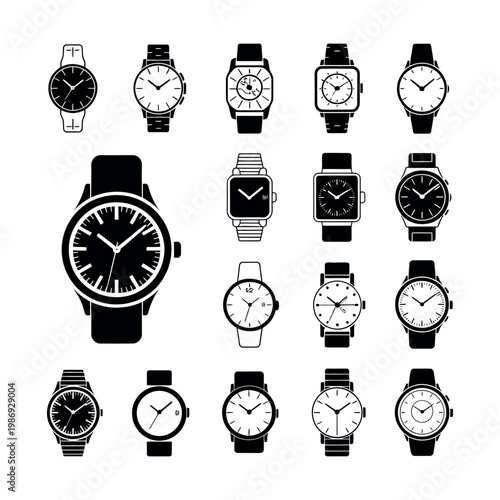 Watch design icons collection various wristwatch styles and illustrations displayed together on clean background for timepiece fashion and accessory design