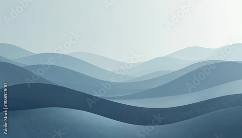 Abstract layered waves of blue, grey create calm minimalist landscape pattern. Smooth flowing curves form serene depth, dimension suitable for digital backgrounds, design concepts. Backdrop evokes