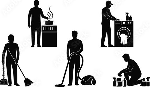 Set of men performing domestic chores including cooking on stove laundry with washing machine vacuuming floor sweeping with broom and cleaning house