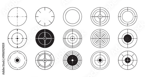 Crosshair sight icons set for hunting and sniper scope design isolated on white background military weapon reticle.