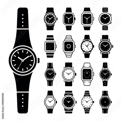 Watch design icons collection various wristwatch styles and illustrations displayed together on clean background for timepiece fashion and accessory design