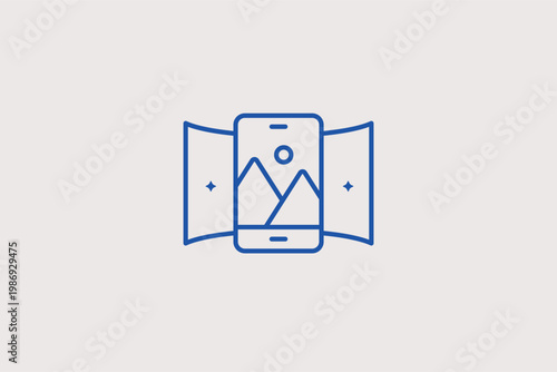 Mobile phone showing a wide panoramic landscape perfect for virtual tours. Scenic Vector Illustration and line icon is ideal for travel apps, real estate tours, and VR media.