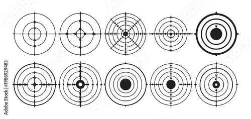 Shooting target icons set for firing range practice isolated on white background black outline aiming paper sheet.