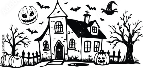 Haunted house and spooky halloween elements set, scary pumpkin, witch hat, ghost, trees.