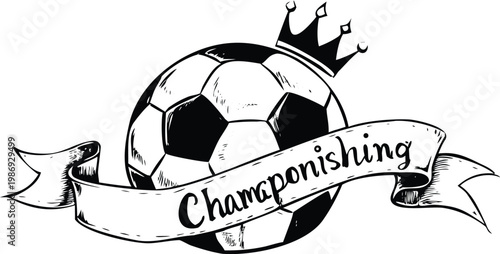 Soccer chamaponishing hand drawn ball and ribbon design for sports achievement and tournament art.