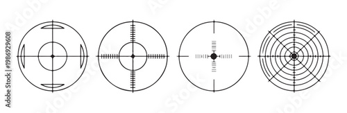 Sniper scope reticle vector set for weapon aiming system design isolated on white background target sight display.