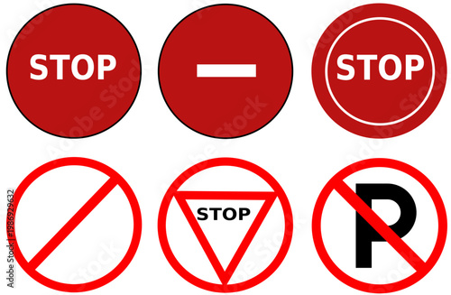 Set of red prohibition and stop traffic signs vector icons