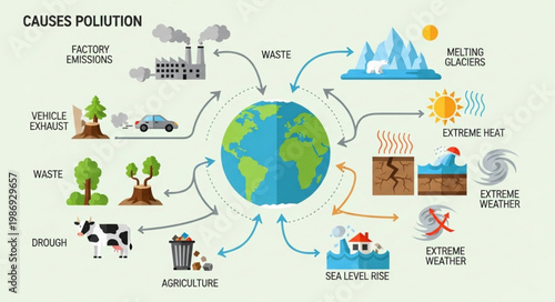 Diagram illustrating the causes of pollution and their impact on the Earth.