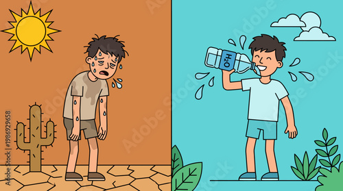 Split illustration contrasting dehydration and hydration showing tired and refreshed boy.