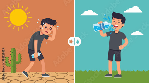 Split illustration of a dehydrated man contrasted with a hydrated man drinking water.