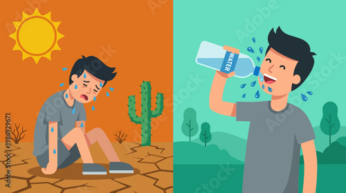 Split illustration of a man suffering drought and then drinking water.