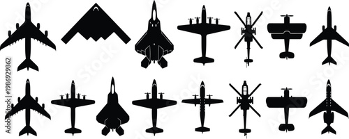 Airplane and Helicopter Silhouettes Set with Military Jets Passenger Planes and Drones