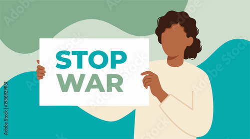 Illustration of a person holding a 'Stop War' sign, peace protest
