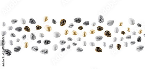 Elegant abstract composition featuring floating 3D pebble shapes in gold, silver, and bronze, ideal for backgrounds.