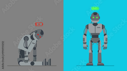Two contrasting robots showing low battery fatigue and charged energetic recovery.