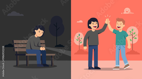 Contrasting solitude and friendship depicted in split-scene illustration.