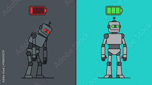 Two-panel illustration of a robot showing low and full battery indicators.