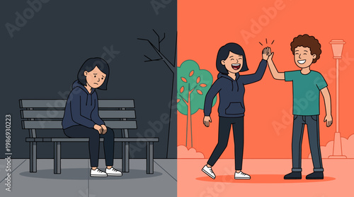 Juxtaposition of loneliness and social connection in contrasting scenes.