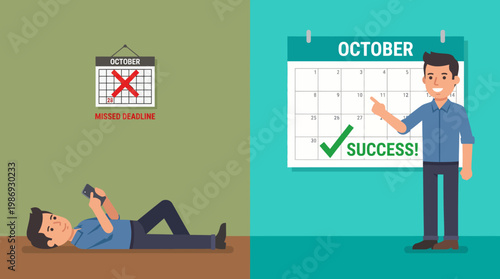 Split illustration of procrastination versus planned success with calendars.