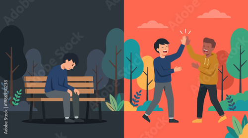 Duotone illustration showing isolation and social connection in an urban park.