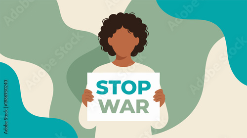 Person with curly hair holding a 'STOP WAR' sign, advocating for peace
