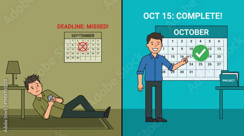 Illustration contrasting missed deadline and completed schedule.