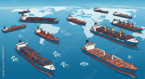 Global Shipping Network - A Fleet of Cargo Ships Navigating the Seas.