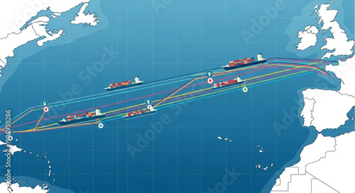 Global Shipping Routes and Container Ships in the Ocean.