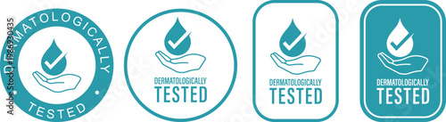 Set dermatologically tested vector label with water drop, leaf and hand logo. Dermatology test and dermatologist clinically proven icon for allergy free and healthy safe product package tag.