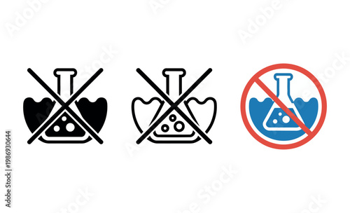 Chemical free flask icon illustrating laboratory glassware with zero chemical indication and crossed wave symbol for pure safe research and science design
