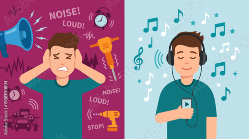 Contrast between noisy environment and peaceful music listening experience.