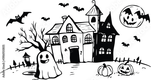Halloween haunted house sketch with ghost pumpkins bats and full moon for spooky holiday fun art.