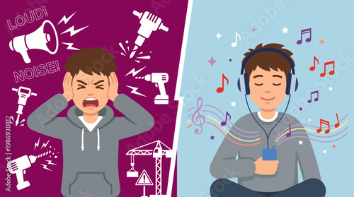 Split illustration showing noisy stress on one side and calm music relaxation on the other.