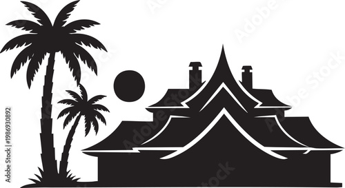 Tropical resort building with palm trees vector illustration,Generative Ai