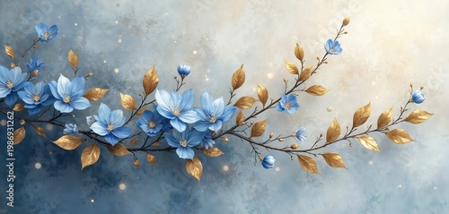 Blue flowers with golden leaves on branches against textured blue, white background. Artistic floral pattern with delicate details, soft light. Elegant decorative design elements. Nature inspired