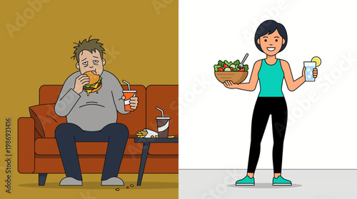 Illustration contrasting unhealthy sedentary eating with active healthy lifestyle.