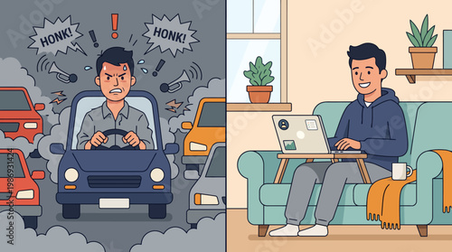Contrasting stressed driver road rage and relaxed remote worker at home.