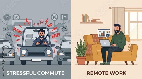 Side-by-side illustration of a stressful commute versus calm remote work at home.