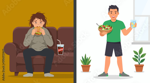Contrast between sedentary junk-food habits and active healthy lifestyle transformation.