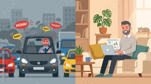 Commuter traffic congestion contrasted with remote worker relaxing at home.