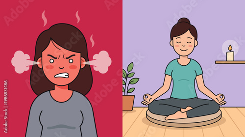Split illustration showing anger and peaceful meditation contrast.