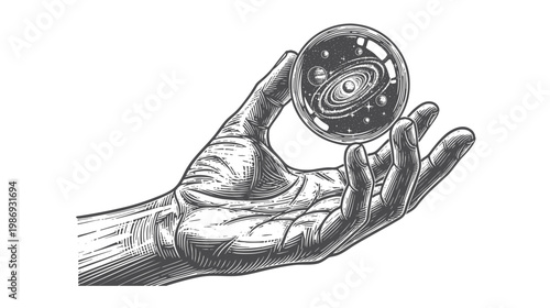 hand holding miniature universe orb with stars and planets, detailed engraving