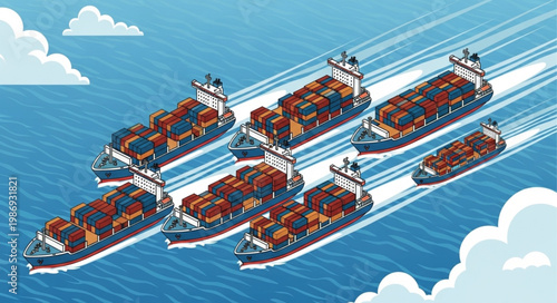 Fleet of Container Ships Sailing on the Ocean.