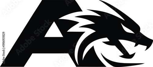 Letter A with fierce dragon head symbol, aggressive creature illustration, wild fantasy beast.