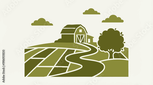 Stylized agricultural landscape with green fields, barn, and country road