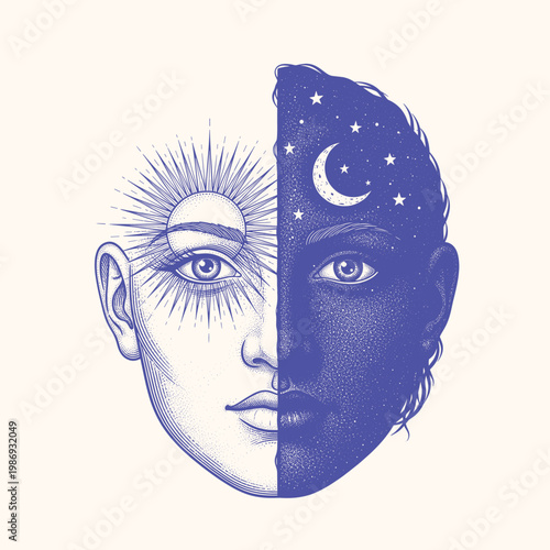 human face with celestial elements inside
