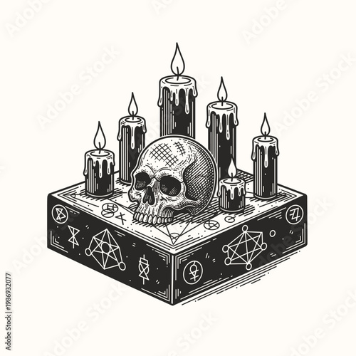 occult altar with candles, skull, sacred geometry symbols