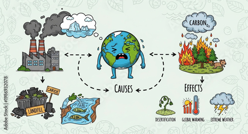 Illustration depicting the causes and effects of climate change on Earth.